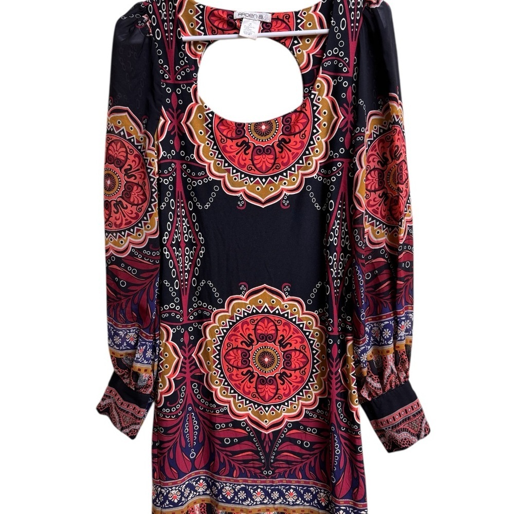 Arden B Mandala Print Mini Dress M Long Sleeve Sheer Cutout Back Y2K Style